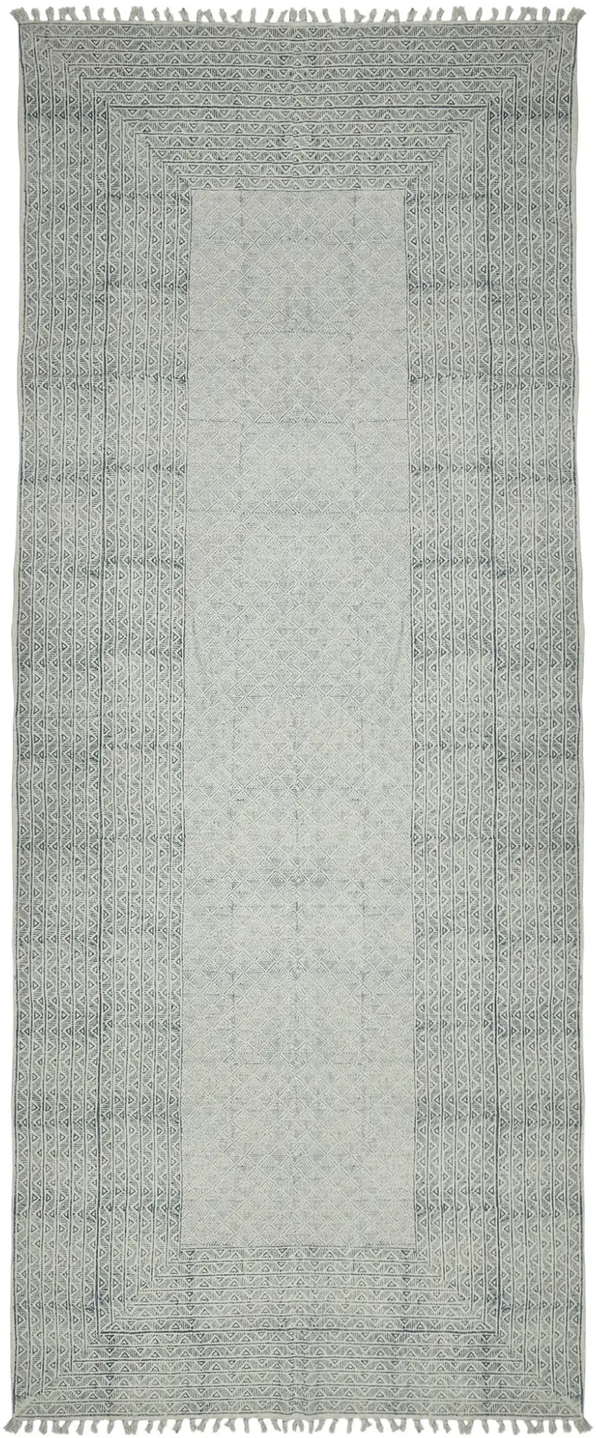 8' Blue Geometric Flatweave Handmade Distressed Runner Rug With Fringe Photo 1