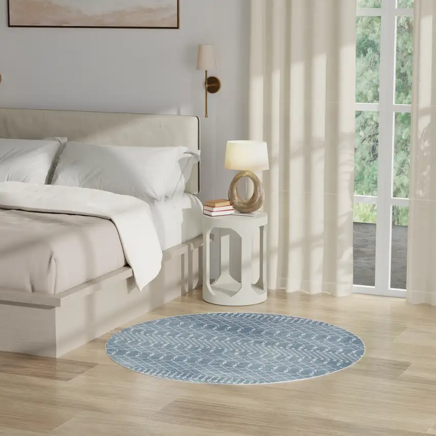 4' Blue Geometric Power Loom Round Rug Photo 7