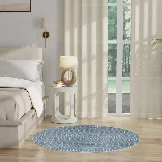 5' Blue Geometric Power Loom Round Rug Photo 9