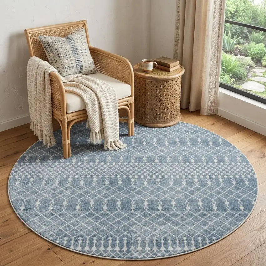 5' Blue Geometric Power Loom Round Rug Photo 1