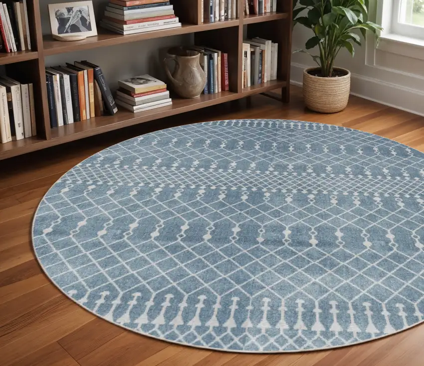5' Blue Geometric Power Loom Round Rug Photo 1