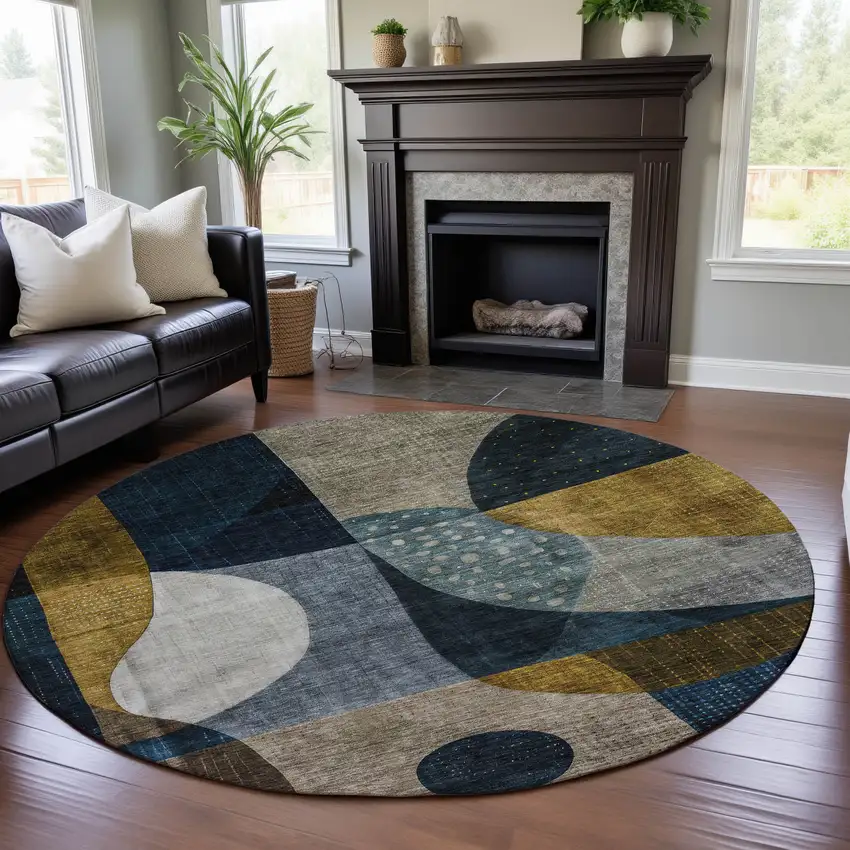8' Blue Gold And Beige Abstract Geometric Washable Round Rug With UV Protection Photo 4