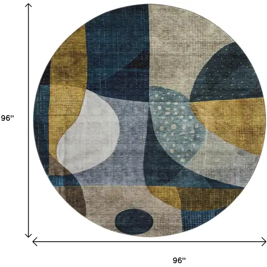 8' Blue Gold And Beige Abstract Geometric Washable Round Rug With UV Protection Photo 9