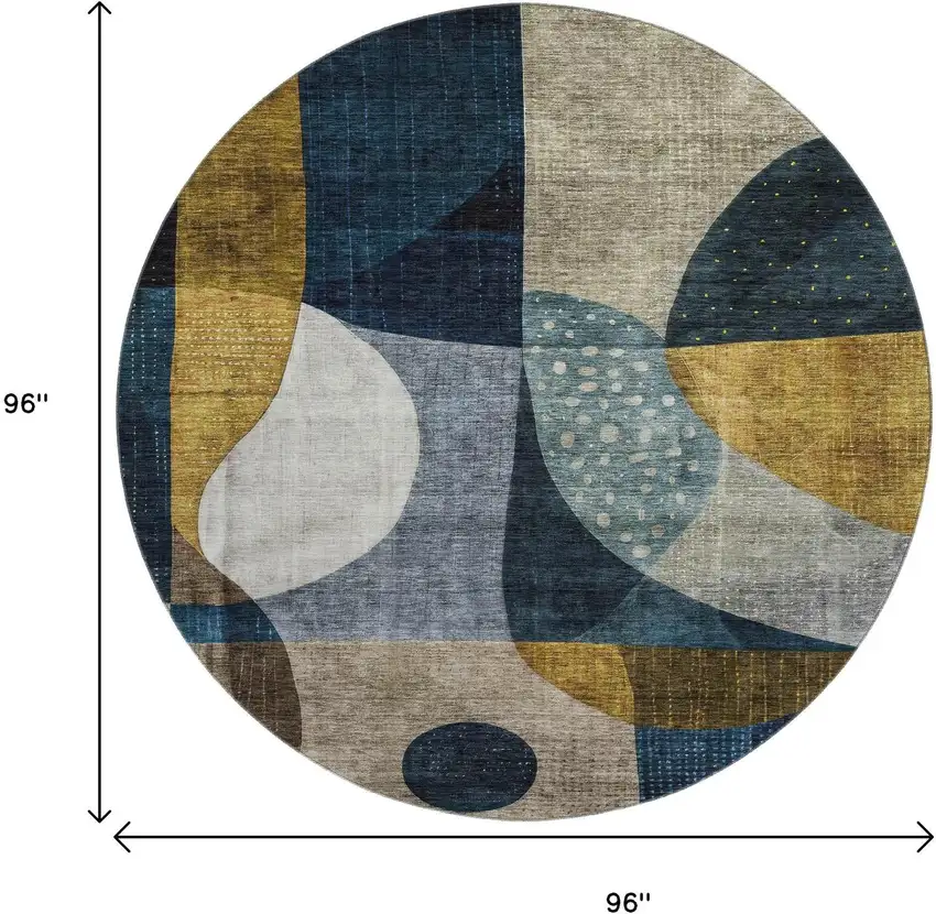8' Blue Gold And Beige Abstract Geometric Washable Round Rug With UV Protection Photo 9