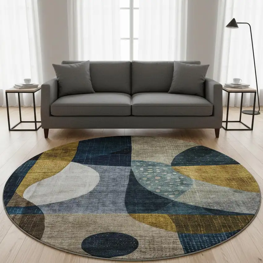 8' Blue Gold And Beige Abstract Geometric Washable Round Rug With UV Protection Photo 2