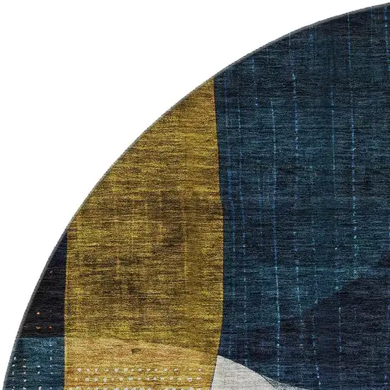 8' Blue Gold And Beige Abstract Geometric Washable Round Rug With UV Protection Photo 2