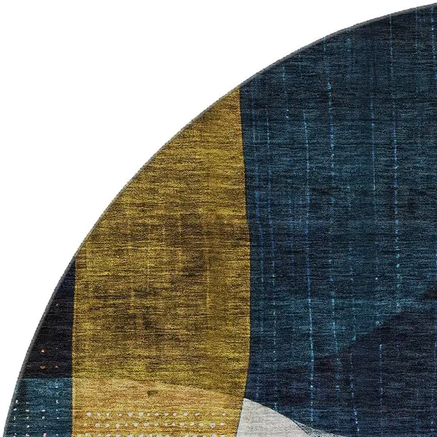 8' Blue Gold And Beige Abstract Geometric Washable Round Rug With UV Protection Photo 2