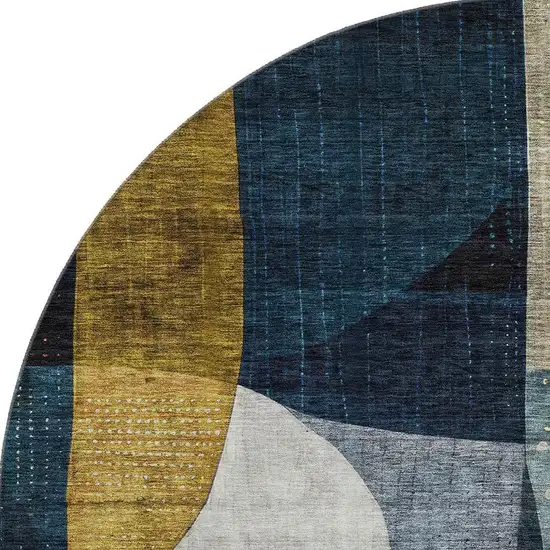 8' Blue Gold And Beige Abstract Geometric Washable Round Rug With UV Protection Photo 3