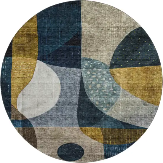 8' Blue Gold And Beige Abstract Geometric Washable Round Rug With UV Protection Photo 1