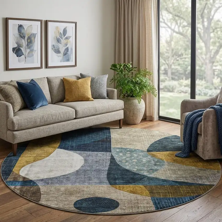 8' Blue Gold And Beige Abstract Geometric Washable Round Rug With UV Protection Photo 1