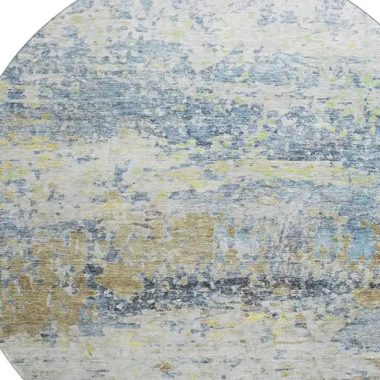 8' Blue Gold And Beige Abstract Washable Round Rug With UV Protection Photo 2