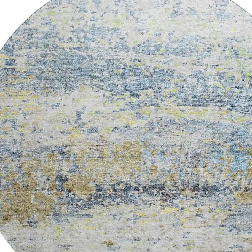 8' Blue Gold And Beige Abstract Washable Round Rug With UV Protection Photo 2