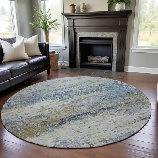 8' Blue Gold And Beige Abstract Washable Round Rug With UV Protection Photo 4