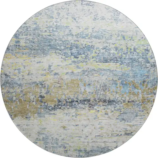 8' Blue Gold And Beige Abstract Washable Round Rug With UV Protection Photo 1