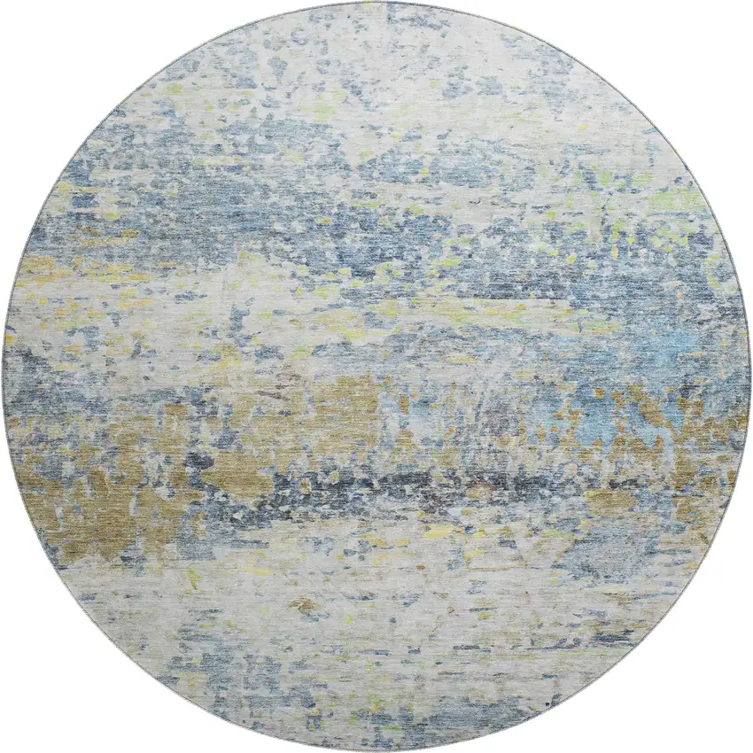 8' Blue Gold And Beige Abstract Washable Round Rug With UV Protection Photo 1
