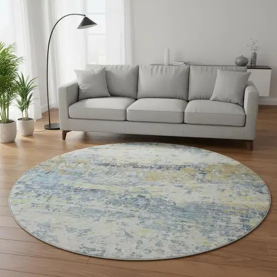 8' Blue Gold And Beige Abstract Washable Round Rug With UV Protection Photo 2
