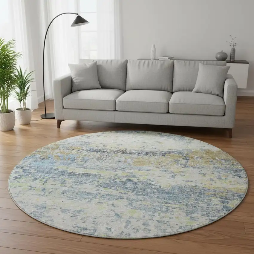 8' Blue Gold And Beige Abstract Washable Round Rug With UV Protection Photo 2