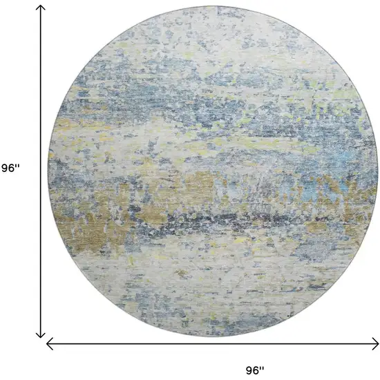 8' Blue Gold And Beige Abstract Washable Round Rug With UV Protection Photo 9
