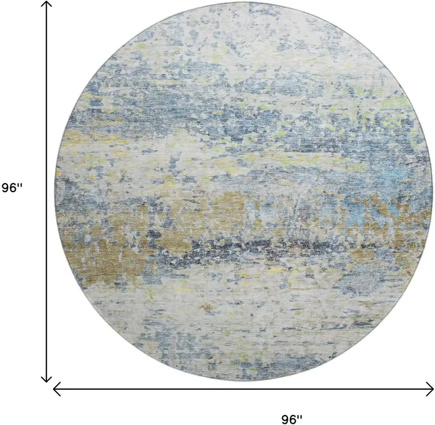8' Blue Gold And Beige Abstract Washable Round Rug With UV Protection Photo 9