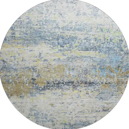 8' Blue Gold And Beige Abstract Washable Round Rug With UV Protection Photo 3