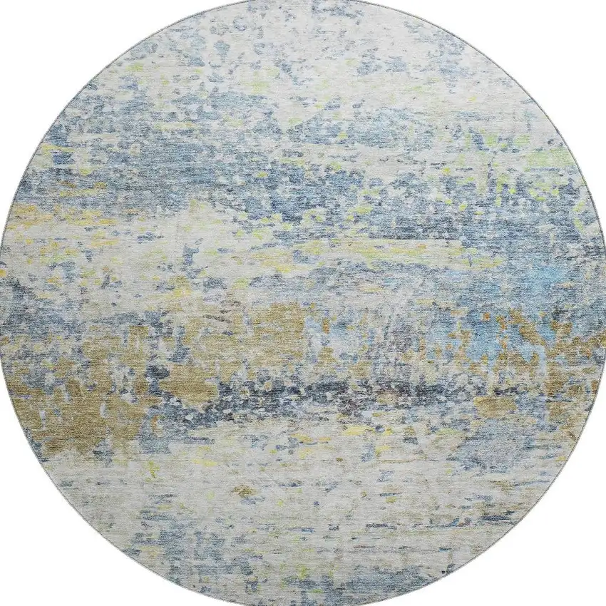 8' Blue Gold And Beige Abstract Washable Round Rug With UV Protection Photo 3