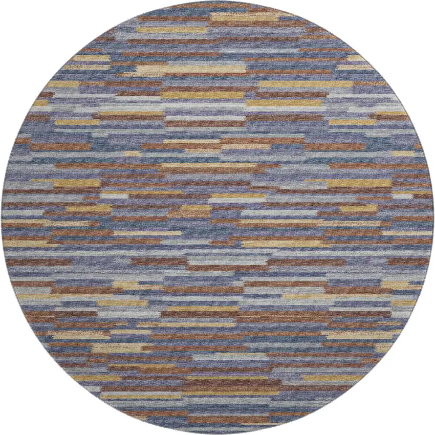 8' Blue Gold And Brown Abstract Washable Round Rug With UV Protection Photo 2