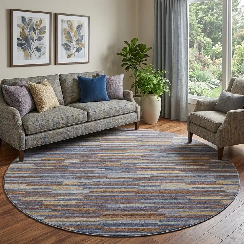 8' Blue Gold And Brown Abstract Washable Round Rug With UV Protection Photo 1