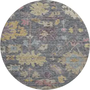 Photo of 8' Blue Gold And Coral Floral Washable Round Rug With UV Protection