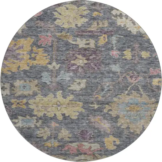 8' Blue Gold And Coral Floral Washable Round Rug With UV Protection Photo 1