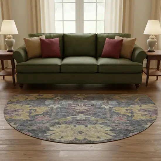 8' Blue Gold And Coral Floral Washable Round Rug With UV Protection Photo 2