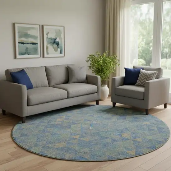 8' Blue Gold And Gray Geometric Washable Round Rug With UV Protection Photo 1