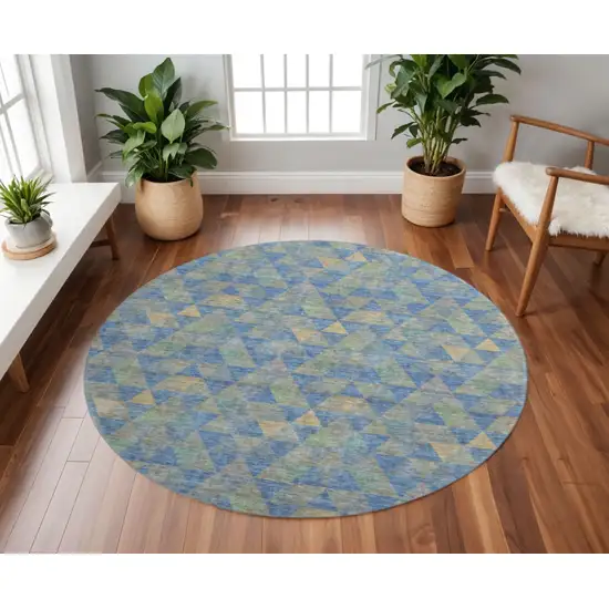 8' Blue Gold And Gray Geometric Washable Round Rug With UV Protection Photo 2