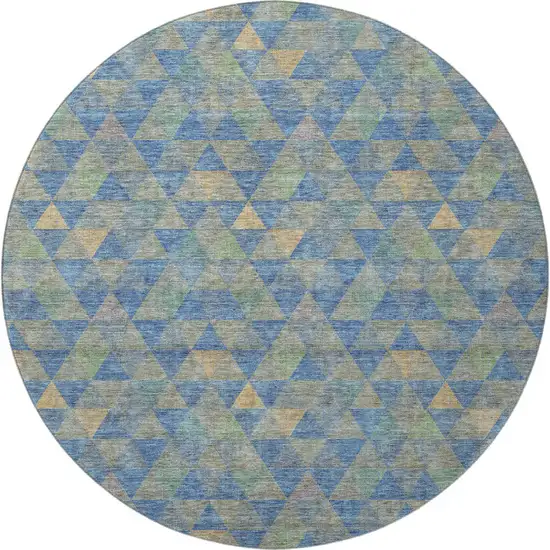 8' Blue Gold And Gray Geometric Washable Round Rug With UV Protection Photo 4