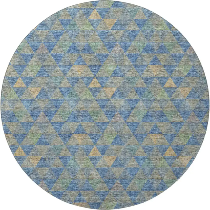 8' Blue Gold And Gray Geometric Washable Round Rug With UV Protection Photo 4