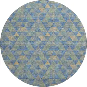 Photo of 8' Blue Gold And Gray Geometric Washable Round Rug With UV Protection