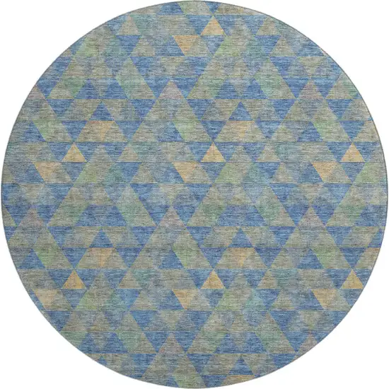 8' Blue Gold And Gray Geometric Washable Round Rug With UV Protection Photo 1