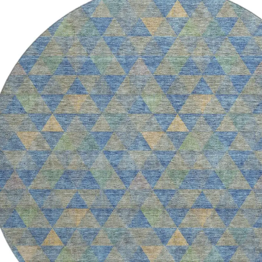 8' Blue Gold And Gray Geometric Washable Round Rug With UV Protection Photo 3