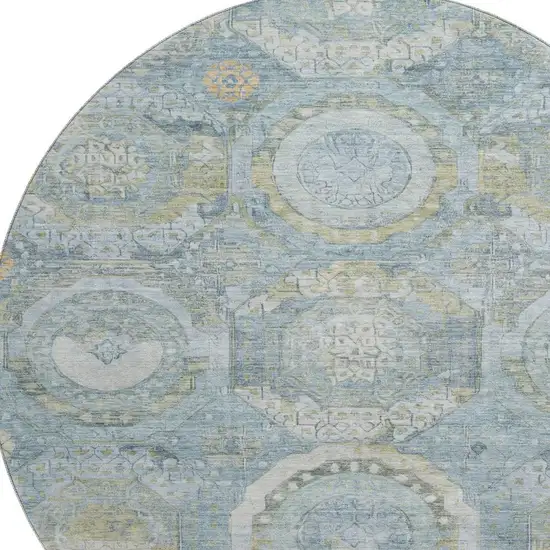 8' Blue Gold And Gray Mosaic Washable Round Rug With UV Protection Photo 2