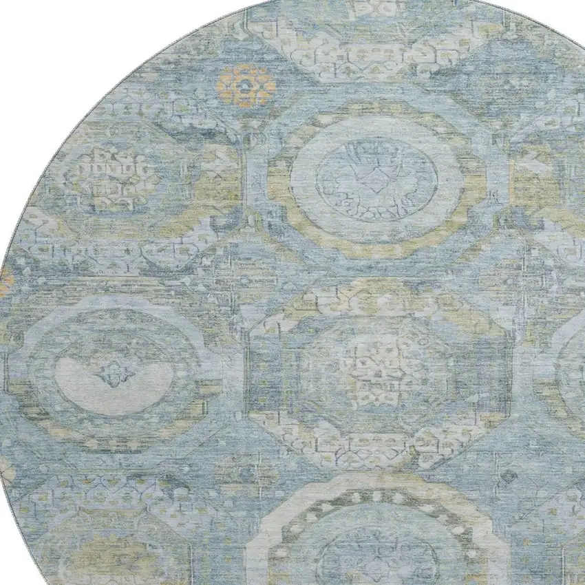 8' Blue Gold And Gray Mosaic Washable Round Rug With UV Protection Photo 2