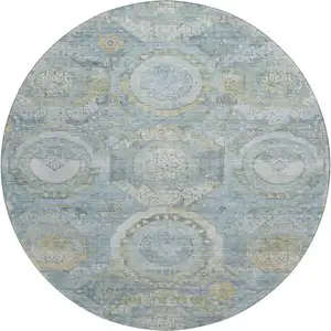 Photo of 8' Blue Gold And Gray Mosaic Washable Round Rug With UV Protection