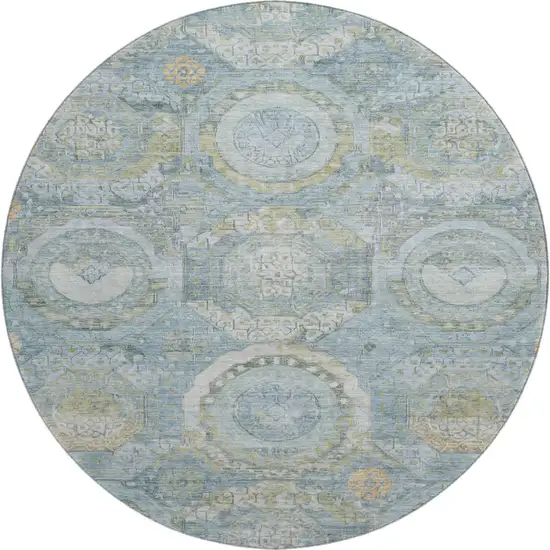 8' Blue Gold And Gray Mosaic Washable Round Rug With UV Protection Photo 1