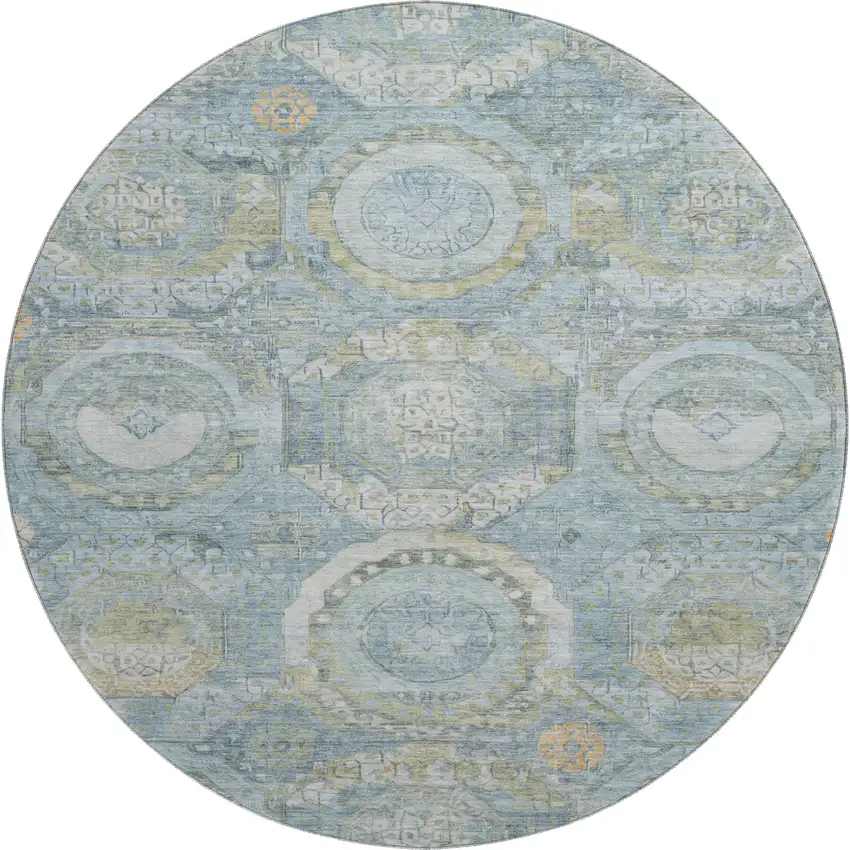 8' Blue Gold And Gray Mosaic Washable Round Rug With UV Protection Photo 1