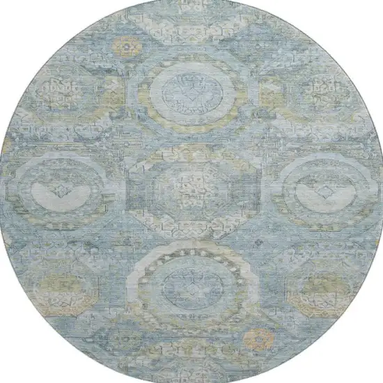 8' Blue Gold And Gray Mosaic Washable Round Rug With UV Protection Photo 3