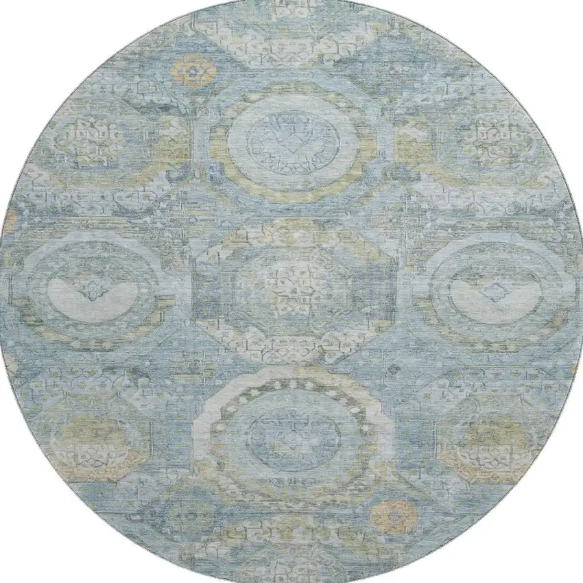 8' Blue Gold And Gray Mosaic Washable Round Rug With UV Protection Photo 3