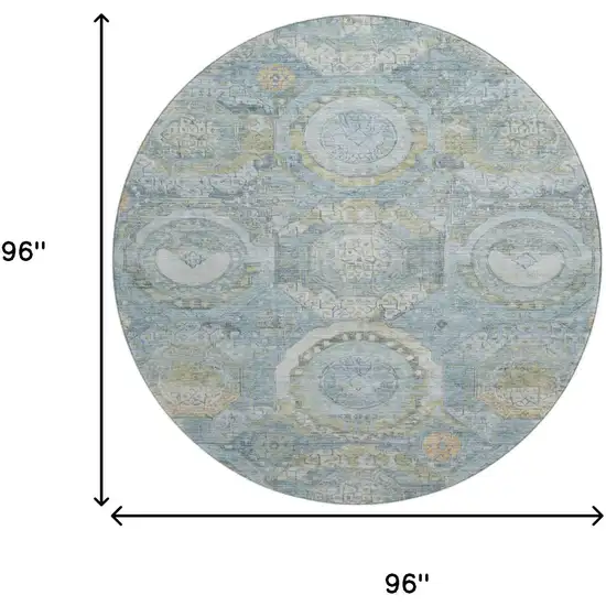 8' Blue Gold And Gray Mosaic Washable Round Rug With UV Protection Photo 9