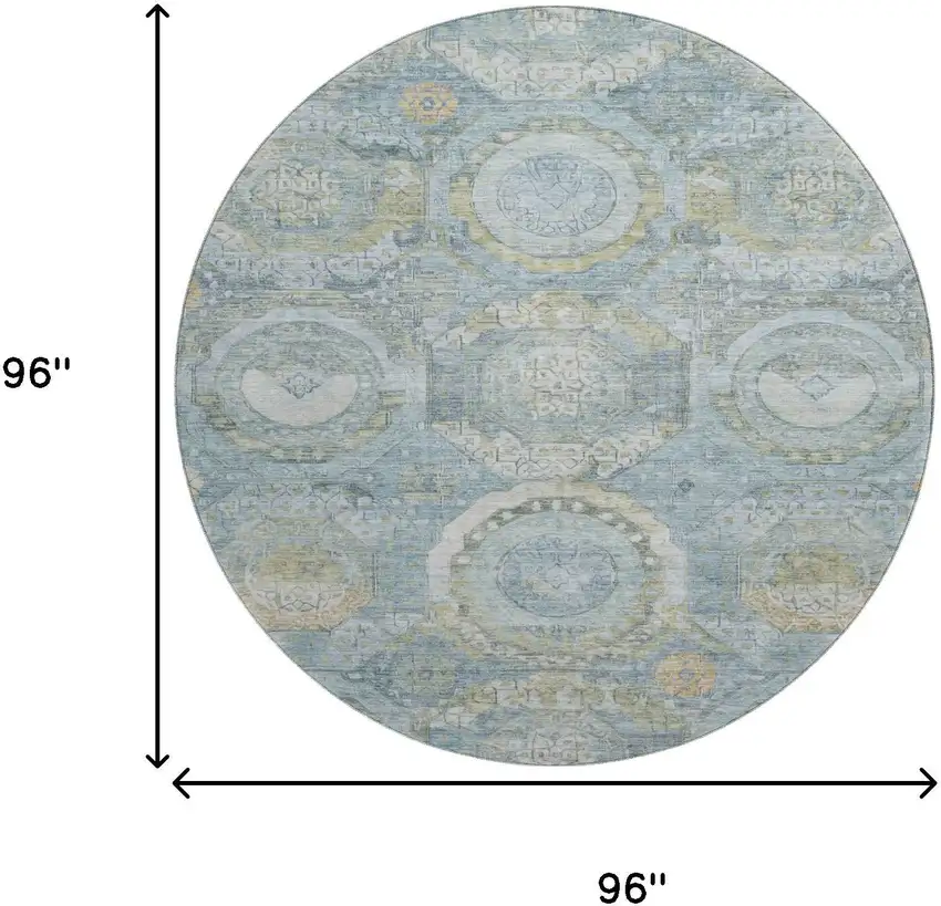 8' Blue Gold And Gray Mosaic Washable Round Rug With UV Protection Photo 9