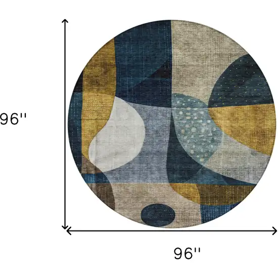 8' Blue Gold And Gray Round Abstract Washable Indoor Outdoor Area Rug Photo 9