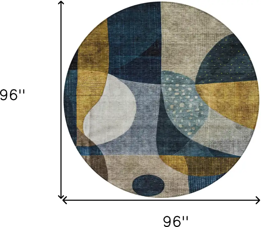 8' Blue Gold And Gray Round Abstract Washable Indoor Outdoor Area Rug Photo 9
