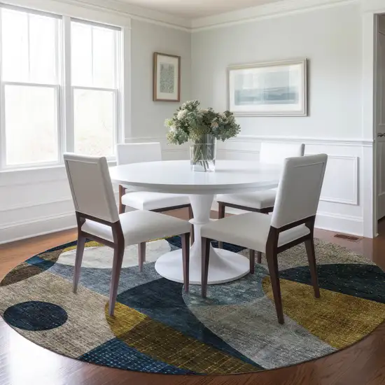 8' Blue Gold And Gray Round Abstract Washable Indoor Outdoor Area Rug Photo 8