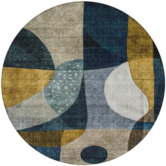 8' Blue Gold And Gray Round Abstract Washable Indoor Outdoor Area Rug Photo 6